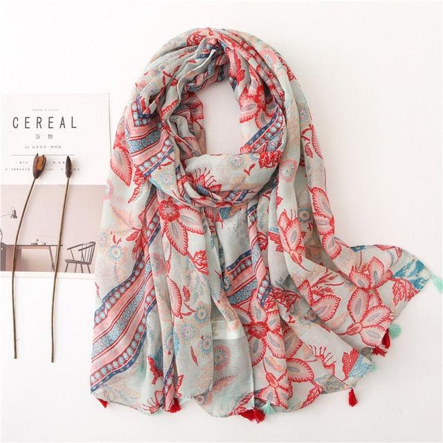 New Fashion Lady High Quality Soft Polka Floral Elegant Fringe Viscose Shawl Scarf Lightweight Wrap Headband Muslim Hijab For Women 180*90Cm