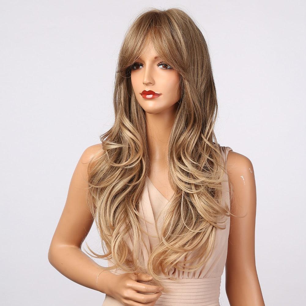 New Fashion Long Wavy Ombre Brown Highlight Wigs with Bangs Synthetic Natural Wig for Women Heat Resistant Cosplay Hair Wigs For Black Women Wigs For Cosplay