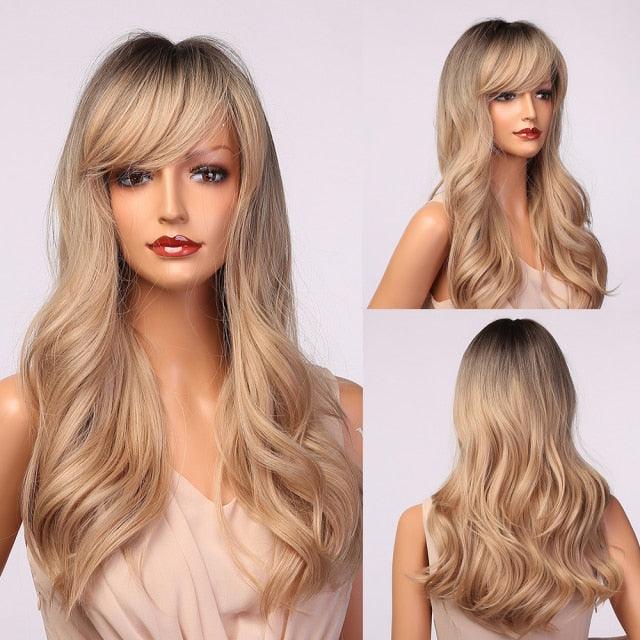 New Fashion Long Wavy Ombre Brown Highlight Wigs with Bangs Synthetic Natural Wig for Women Heat Resistant Cosplay Hair Wigs For Black Women Wigs For Cosplay