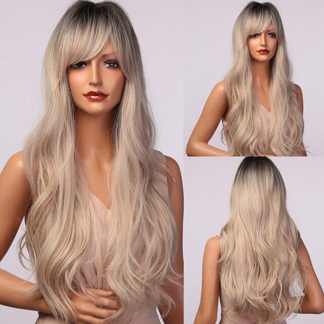 New Fashion Long Wavy Ombre Brown Highlight Wigs with Bangs Synthetic Natural Wig for Women Heat Resistant Cosplay Hair Wigs For Black Women Wigs For Cosplay