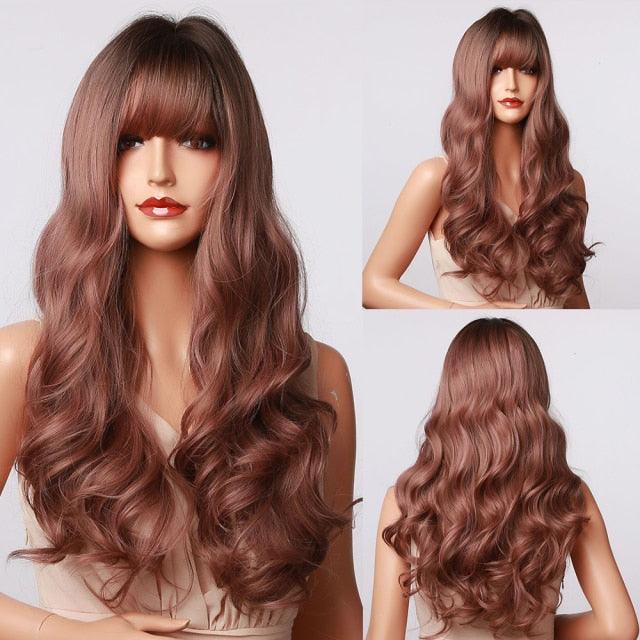 New Fashion Long Wavy Ombre Brown Highlight Wigs with Bangs Synthetic Natural Wig for Women Heat Resistant Cosplay Hair Wigs For Black Women Wigs For Cosplay