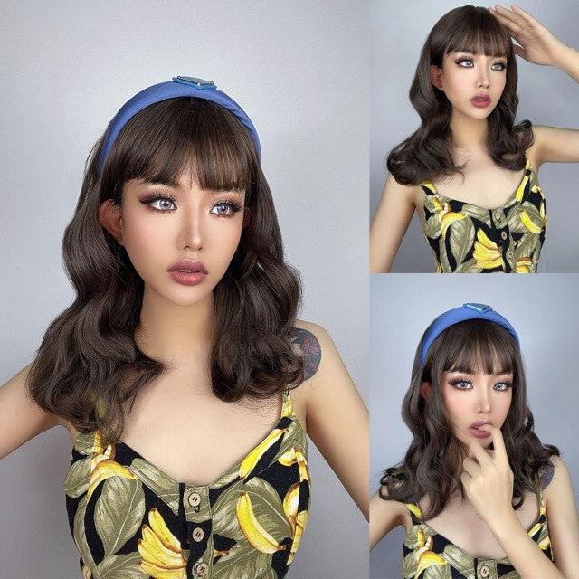 New Fashion Short Bob Water Wave Synthetic Wigs for Women Natural Cosplay Fake Hair Shoulder Length Women's Brown Wig with Bangs Wigs For Black Women