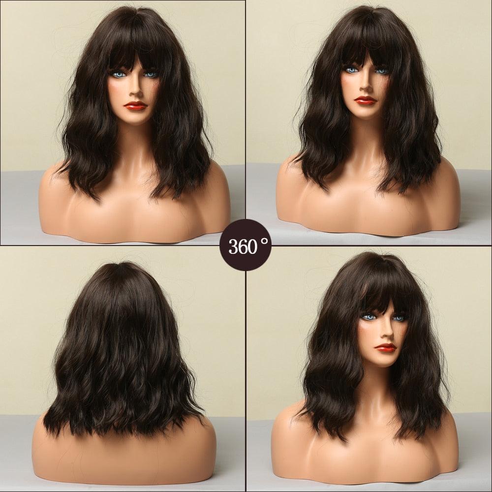 New Fashion Short Bob Water Wave Synthetic Wigs for Women Natural Cosplay Fake Hair Shoulder Length Women's Brown Wig with Bangs Wigs For Black Women