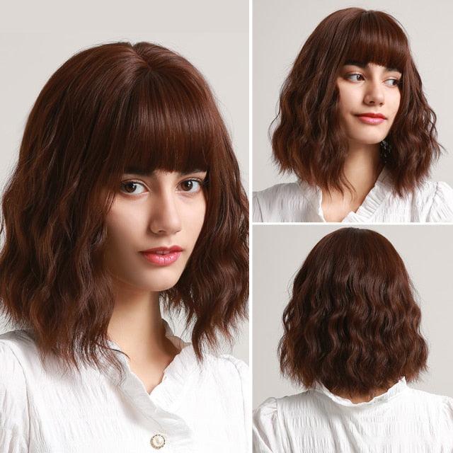 New Fashion Short Bob Water Wave Synthetic Wigs for Women Natural Cosplay Fake Hair Shoulder Length Women's Brown Wig with Bangs Wigs For Black Women