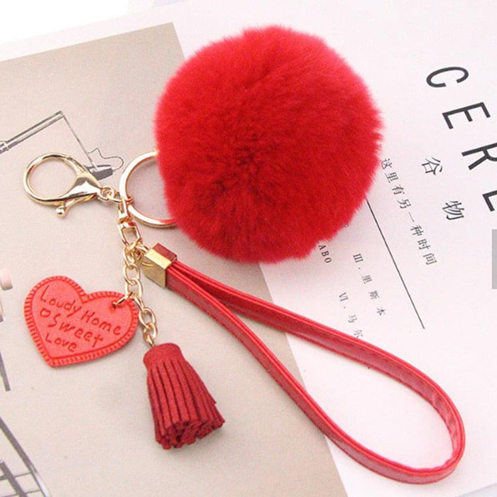 New Fluffy Rabbit Fur Ball Key Chain With Leather Heart Tassel Pompom Rabbit Fur Ball Pompom Keychain Gold Plated Keychain with Plush for Car Key Ring or Handbag Bag Decoration Key Ring Holder for Women Bag Car Jewelry Pendant