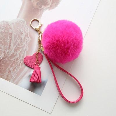 New Fluffy Rabbit Fur Ball Key Chain With Leather Heart Tassel Pompom Rabbit Fur Ball Pompom Keychain Gold Plated Keychain with Plush for Car Key Ring or Handbag Bag Decoration Key Ring Holder for Women Bag Car Jewelry Pendant