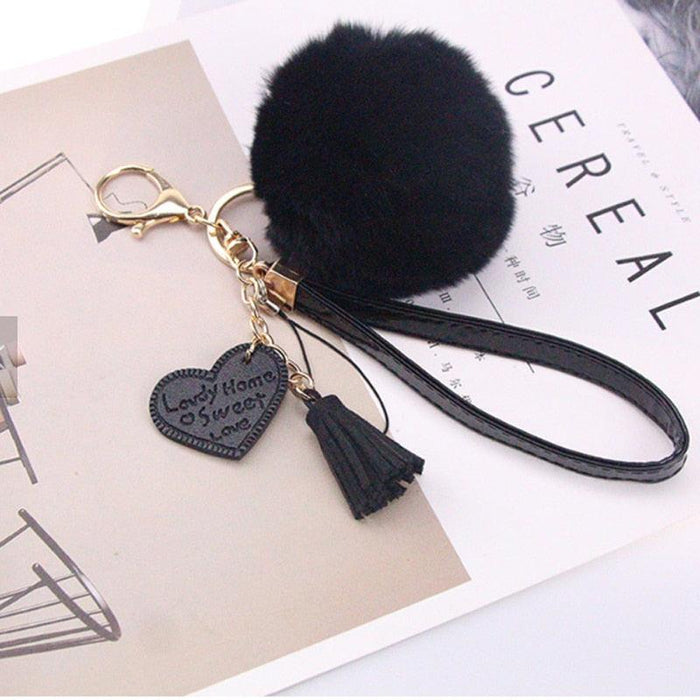 New Fluffy Rabbit Fur Ball Key Chain With Leather Heart Tassel Pompom Rabbit Fur Ball Pompom Keychain Gold Plated Keychain with Plush for Car Key Ring or Handbag Bag Decoration Key Ring Holder for Women Bag Car Jewelry Pendant