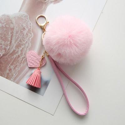 New Fluffy Rabbit Fur Ball Key Chain With Leather Heart Tassel Pompom Rabbit Fur Ball Pompom Keychain Gold Plated Keychain with Plush for Car Key Ring or Handbag Bag Decoration Key Ring Holder for Women Bag Car Jewelry Pendant