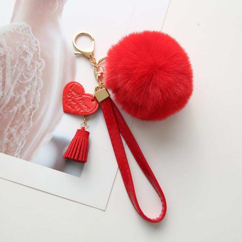 New Fluffy Rabbit Fur Ball Key Chain With Leather Heart Tassel Pompom Rabbit Fur Ball Pompom Keychain Gold Plated Keychain with Plush for Car Key Ring or Handbag Bag Decoration Key Ring Holder for Women Bag Car Jewelry Pendant