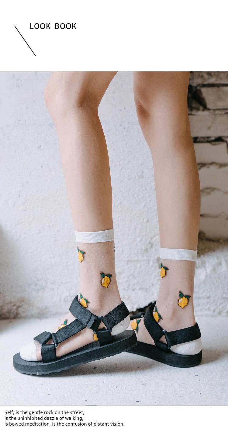 New Girls Cute Cartoon Fruits Sheer Kawaii Lady Women Summer Fall Avocado Lemon Pineapple Cherry Jacquard Socks For Women