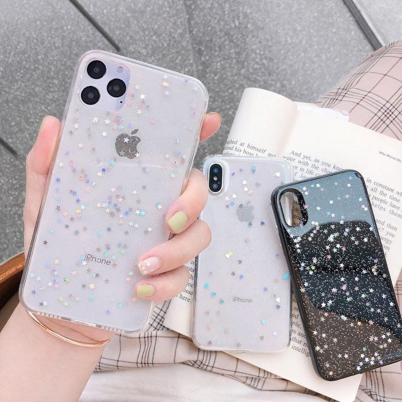 New Glitter Phone Case For iPhone 14 11 12 13 Mini Pro XS Max XR X 7 8 Plus Soft Star Glitter Clear Glitter Sparkly Phone Case For Women and Girls Soft Protective Cover for iPhone