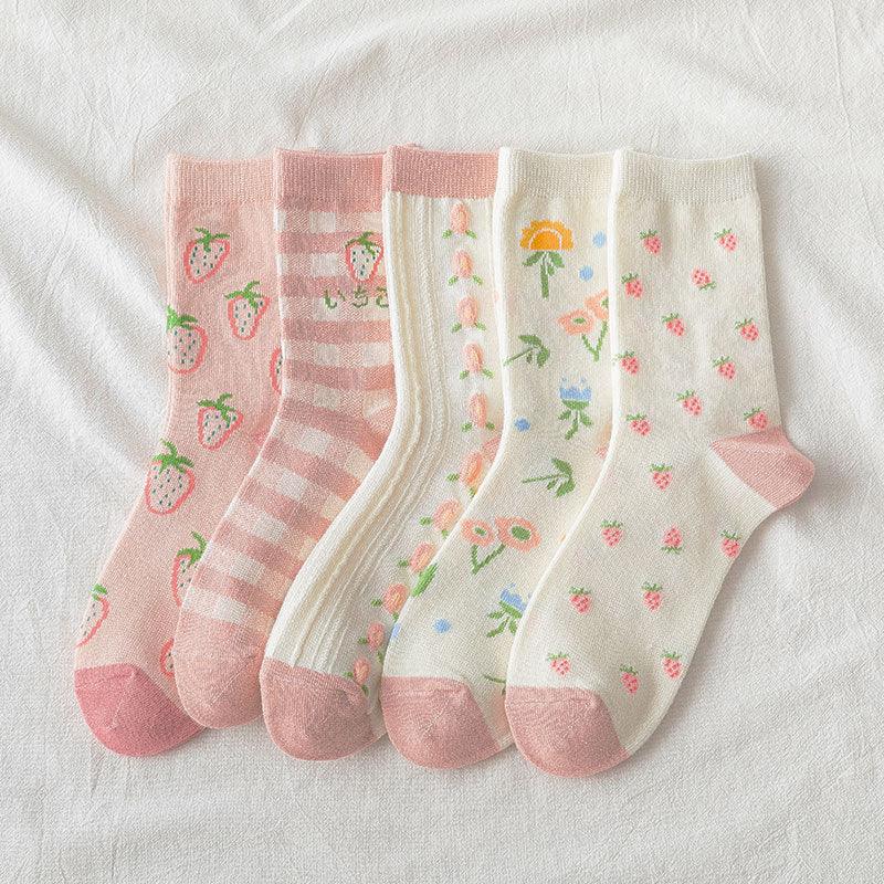 New Harajuku Style Kawaii Woman Socks Cotton Socks Novelty Socks with Strawberry and Flower Funny and Pink Socks Running And Climbing Socks For Men And Women