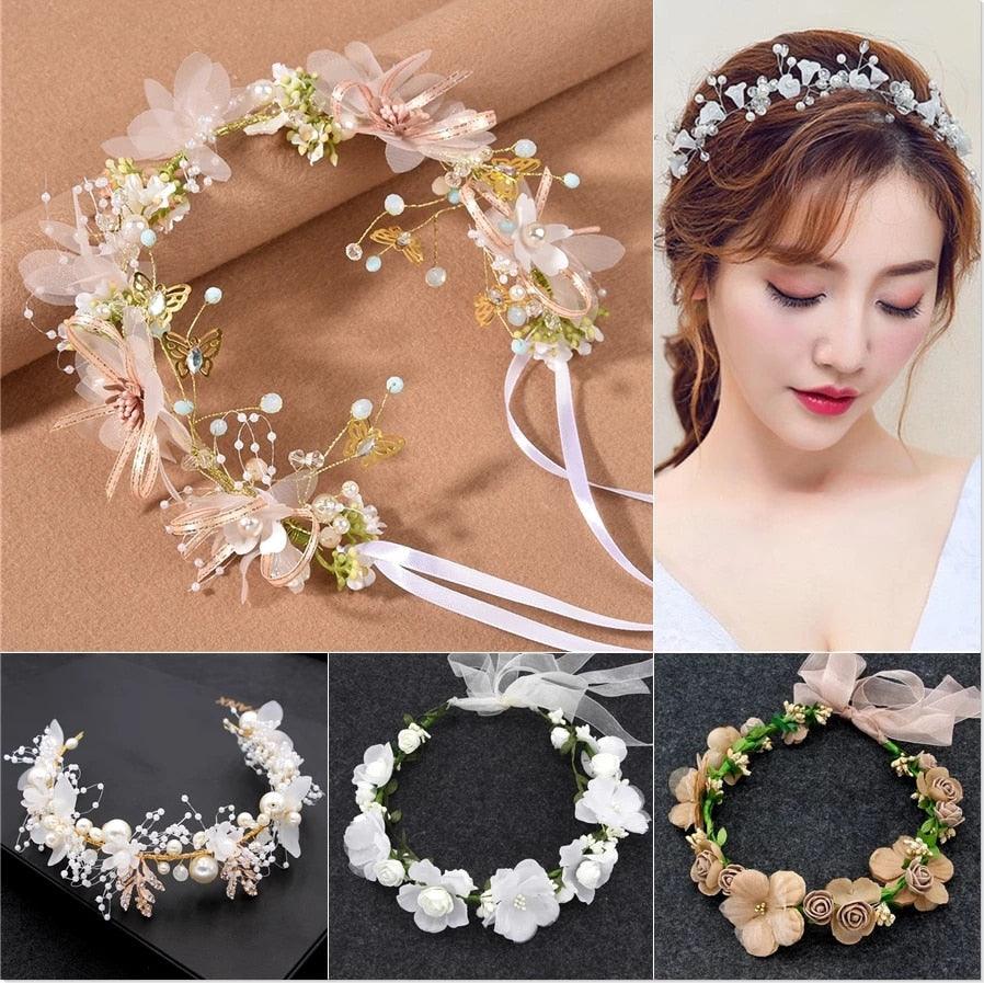 New High Quality Spring Pearl Crowns Beach Hawaii Floral Garland Romantic Faux Rose Wedding Wreaths Flower Headband Girl Bride Rose Flower Crown Wedding Festival Headband