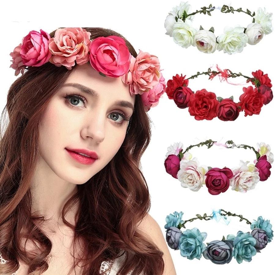 New High Quality Spring Pearl Crowns Beach Hawaii Floral Garland Romantic Faux Rose Wedding Wreaths Flower Headband Girl Bride Rose Flower Crown Wedding Festival Headband