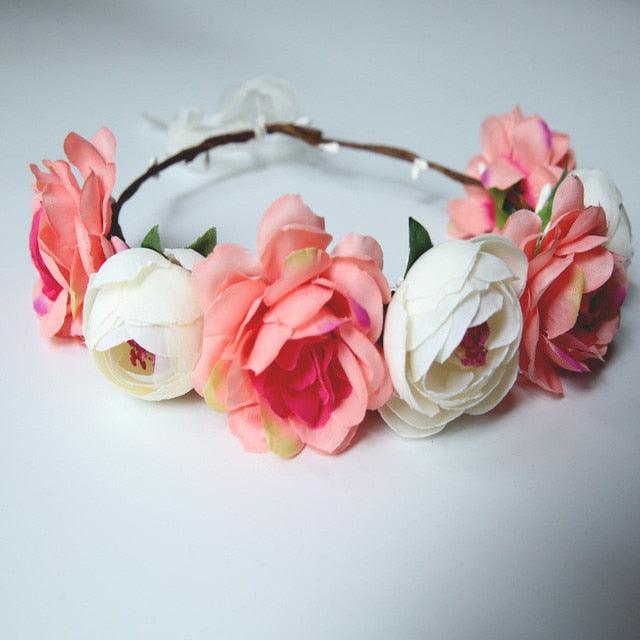 New High Quality Spring Pearl Crowns Beach Hawaii Floral Garland Romantic Faux Rose Wedding Wreaths Flower Headband Girl Bride Rose Flower Crown Wedding Festival Headband