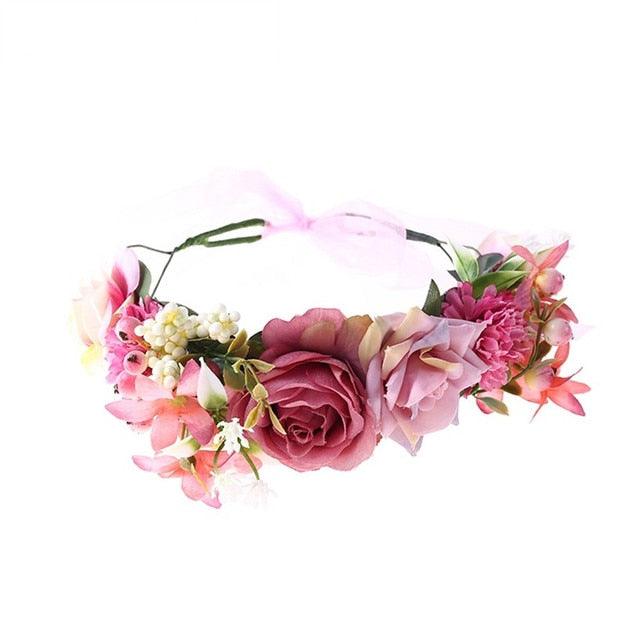 New High Quality Spring Pearl Crowns Beach Hawaii Floral Garland Romantic Faux Rose Wedding Wreaths Flower Headband Girl Bride Rose Flower Crown Wedding Festival Headband