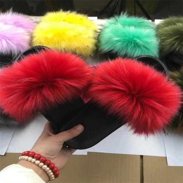 New Luxury Fluffy Slippers Indoor Warm Furry Fur Flip Flops Women Amazing Plush Slides Shoes Warm Comfortable Fuzzy Furry Slippers Indoor Cozy Memory Foam Anti-Slip Flip Flops