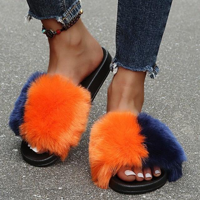 New Luxury Fluffy Slippers Indoor Warm Furry Fur Flip Flops Women Amazing Plush Slides Shoes Warm Comfortable Fuzzy Furry Slippers Indoor Cozy Memory Foam Anti-Slip Flip Flops