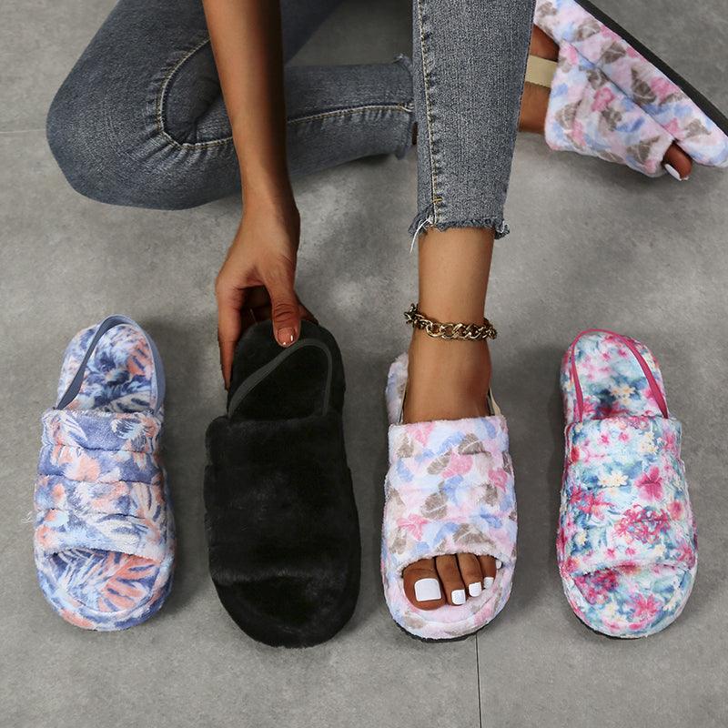 New Shallow Flats Slippers Warm Women Casual Winter Short Plush Home Cotton Fashion Dress Flip Flops Open Toe Slide Slippers Cozy Memory Foam House Shoes