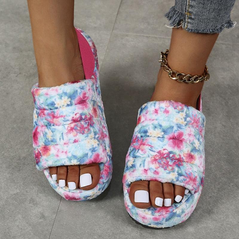 New Shallow Flats Slippers Warm Women Casual Winter Short Plush Home Cotton Fashion Dress Flip Flops Open Toe Slide Slippers Cozy Memory Foam House Shoes