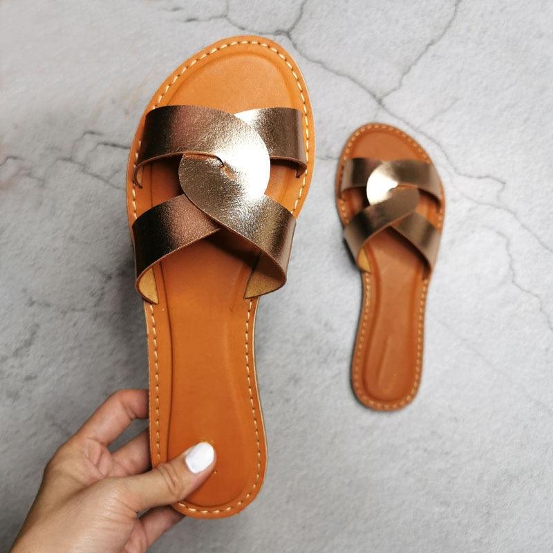 New Slides Women Summer Slippers Outdoor Summer Beach Shoes Fashion Slip-On Woman Slippers Leather Sandals Women's Flip Flops Leather Slide Beach Pool Slipper Sandals