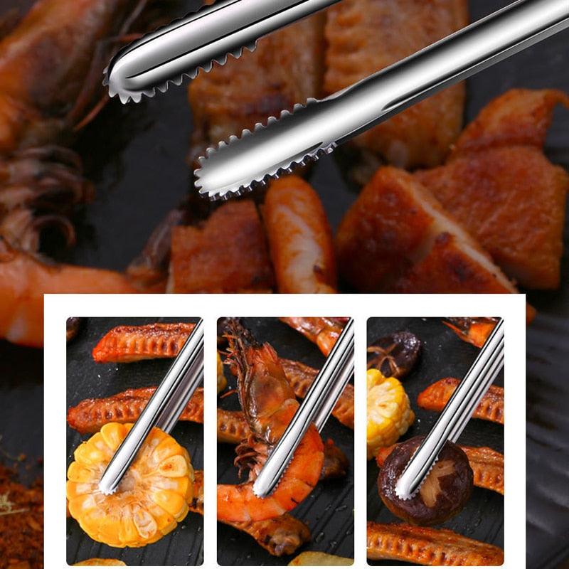 New Stainless Steel Grill Tongs Cooking Utensils For BBQ Baking Silver BBQ Accessories Camping Supplies Kitchen Serving Tongs for Cooking Grilling Baking Bread Salad Buffet Tongs Spatula Metal