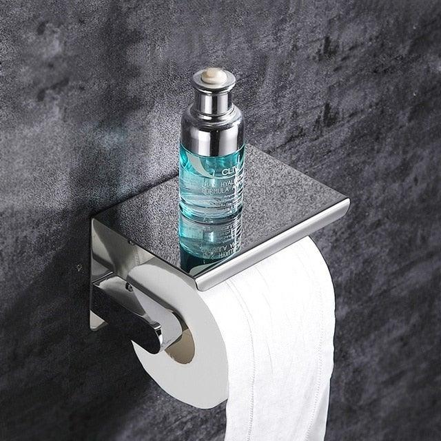 NEW Stainless Steel Toilet Paper Holder BathroomPaper Phone Holder Shelf Towel Roll shelf Accessories  Toilet Paper Holder with Phone Shelf Aluminum Bathroom Accessories Tissue Roll Dispenser Storage Rack Wall Mounted Modern Paper Towel Adapter