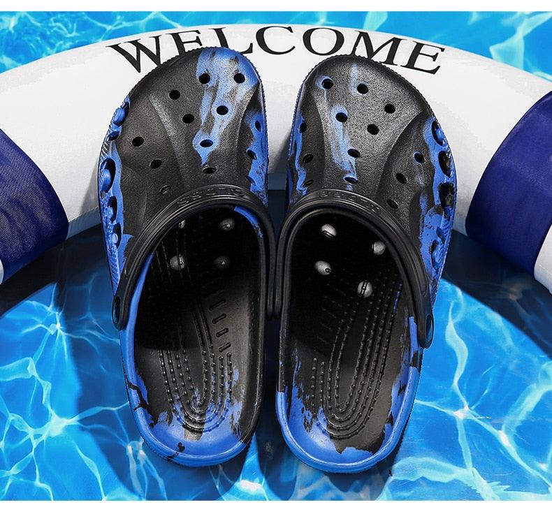 New Summer Shoes For Men Blue Clogs Painted Garden Shoes Breathable Beach Flat Sandals Garden Clogs Classic Mules Anti-Skid Rubber Sole Slip On Summer Clogs