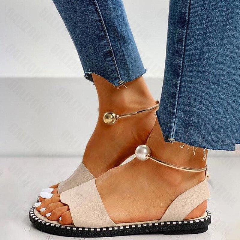 New Summer Women's Pearly Sandals Slippers Shoes Women Flats Sandals Flip Flop Casual Flat Slingback Pearl Sandals Fashion Beach Flip Flops Sandals Outdoor Slippers Round Toe Shoes