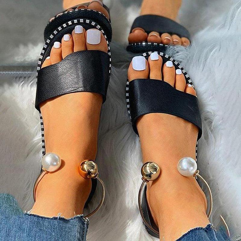 New Summer Women's Pearly Sandals Slippers Shoes Women Flats Sandals Flip Flop Casual Flat Slingback Pearl Sandals Fashion Beach Flip Flops Sandals Outdoor Slippers Round Toe Shoes