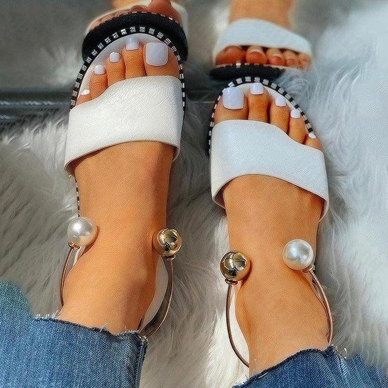 New Summer Women's Pearly Sandals Slippers Shoes Women Flats Sandals Flip Flop Casual Flat Slingback Pearl Sandals Fashion Beach Flip Flops Sandals Outdoor Slippers Round Toe Shoes