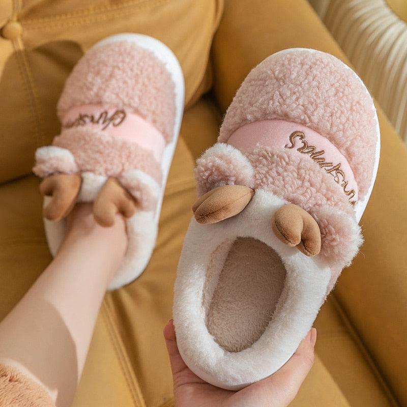 New Thick Sole Christmas Deer Slippers Women Men Indoor Warm Slipper Soft Plush Home Floor Winter Platform Shoes Boys And Girls House Slippers Kids Animal Indoor Slipper Fuzzy Toddler Home Shoes