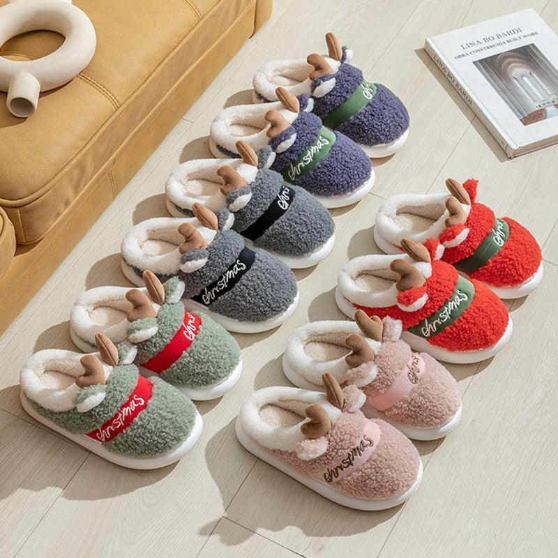 New Thick Sole Christmas Deer Slippers Women Men Indoor Warm Slipper Soft Plush Home Floor Winter Platform Shoes Boys And Girls House Slippers Kids Animal Indoor Slipper Fuzzy Toddler Home Shoes