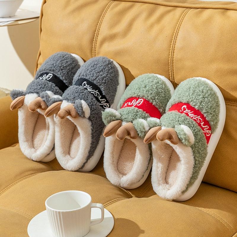 New Thick Sole Christmas Deer Slippers Women Men Indoor Warm Slipper Soft Plush Home Floor Winter Platform Shoes Boys And Girls House Slippers Kids Animal Indoor Slipper Fuzzy Toddler Home Shoes