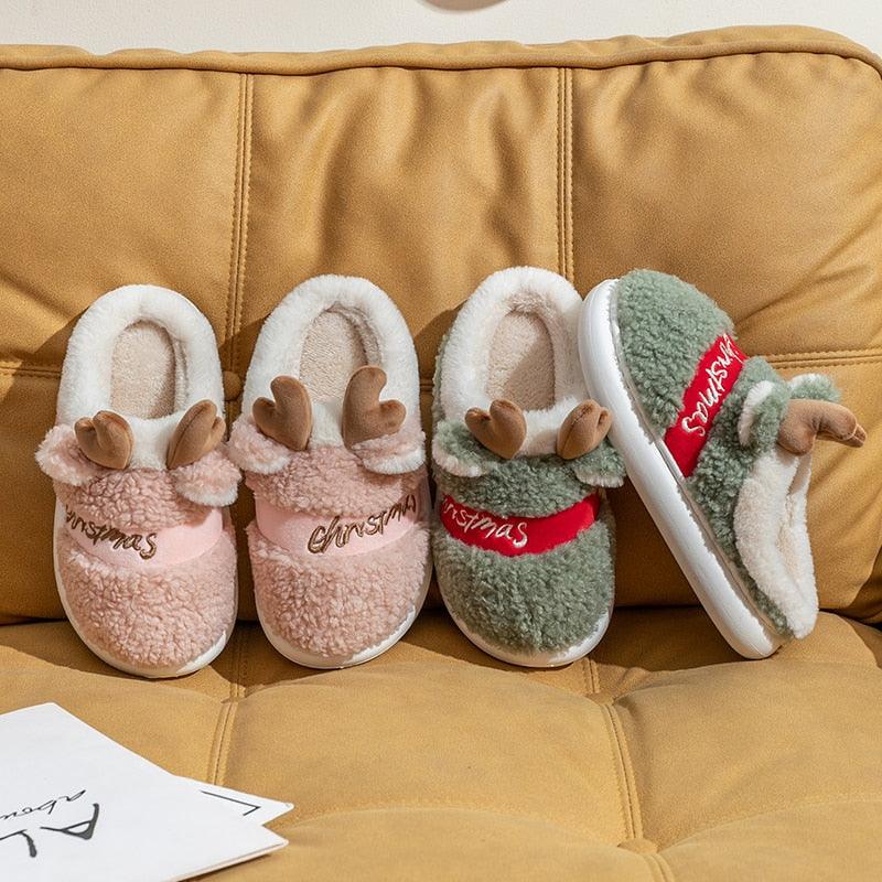 New Thick Sole Christmas Deer Slippers Women Men Indoor Warm Slipper Soft Plush Home Floor Winter Platform Shoes Boys And Girls House Slippers Kids Animal Indoor Slipper Fuzzy Toddler Home Shoes