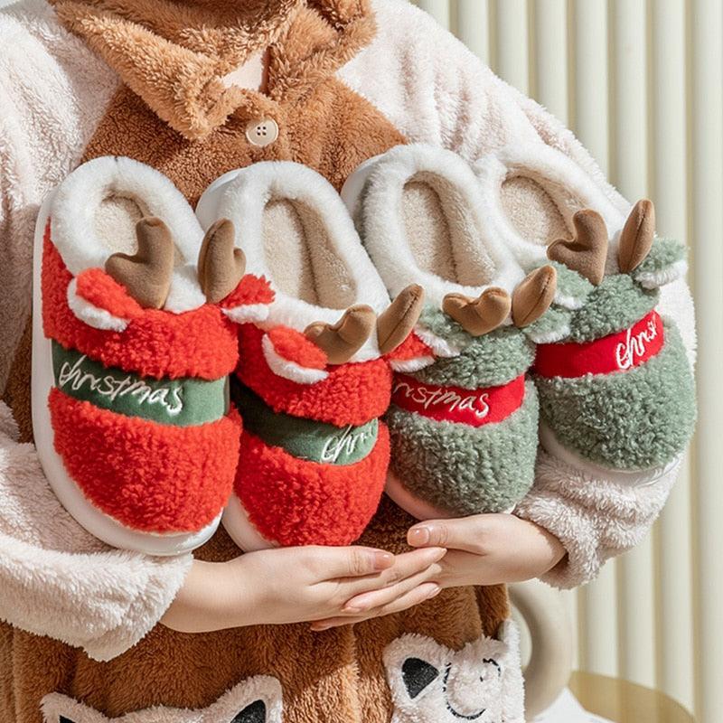 New Thick Sole Christmas Deer Slippers Women Men Indoor Warm Slipper Soft Plush Home Floor Winter Platform Shoes Boys And Girls House Slippers Kids Animal Indoor Slipper Fuzzy Toddler Home Shoes