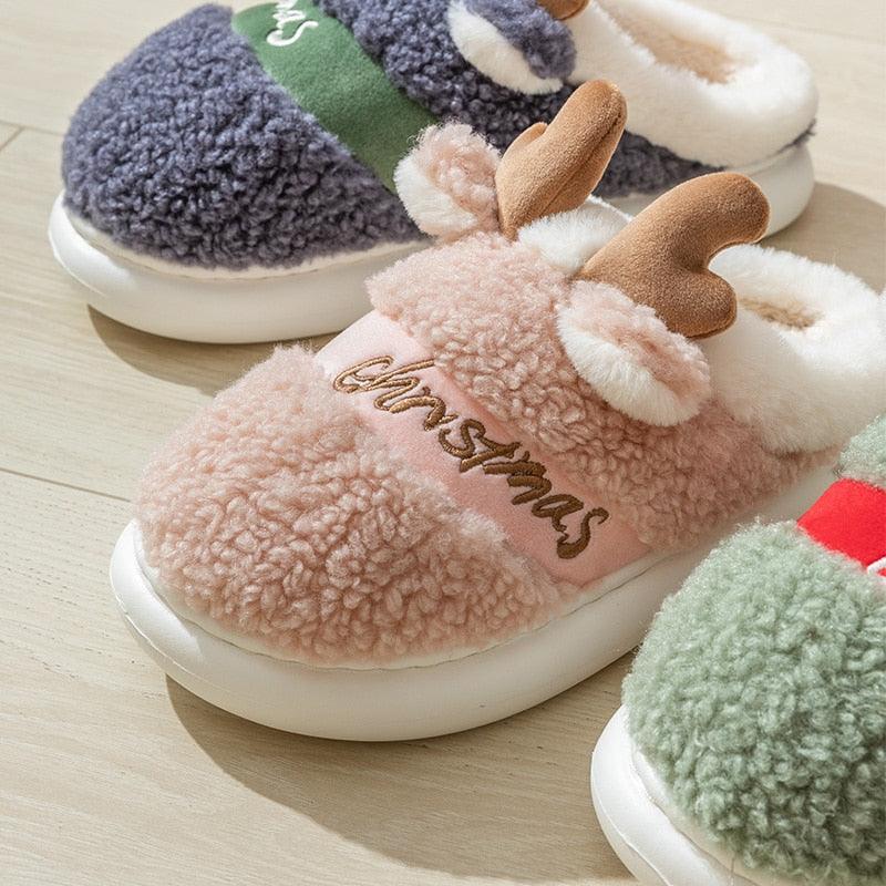 New Thick Sole Christmas Deer Slippers Women Men Indoor Warm Slipper Soft Plush Home Floor Winter Platform Shoes Boys And Girls House Slippers Kids Animal Indoor Slipper Fuzzy Toddler Home Shoes