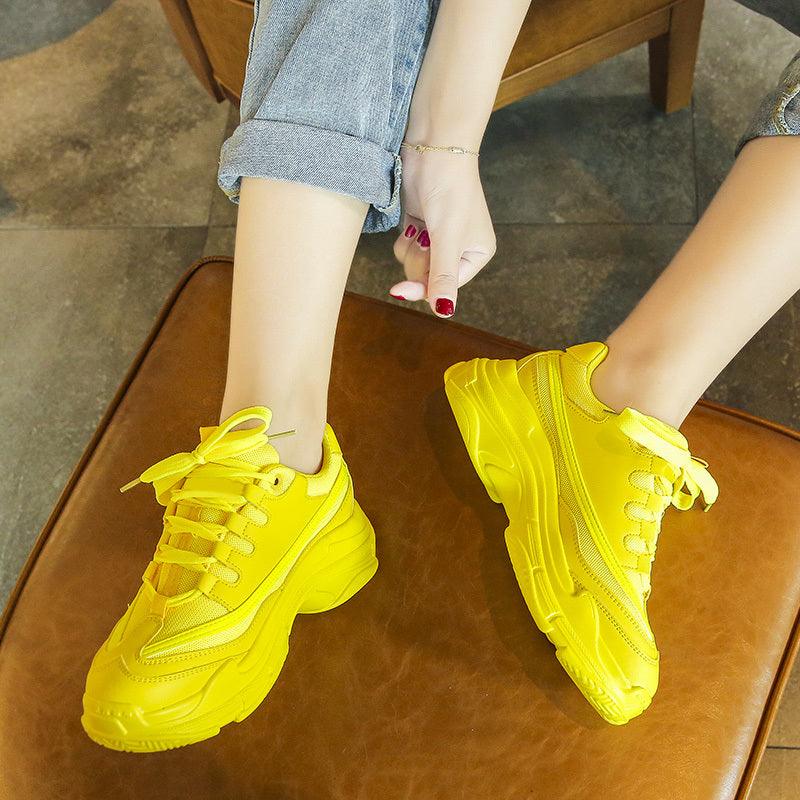 New Thick Womens Sneakers Platform Casual Fashion High-Quality Women's Thick-Soled Sports Casual Couple Shoes Summer Lace-Up Trainers Gym Yellow Lace-Up Casual Modern Sneakers