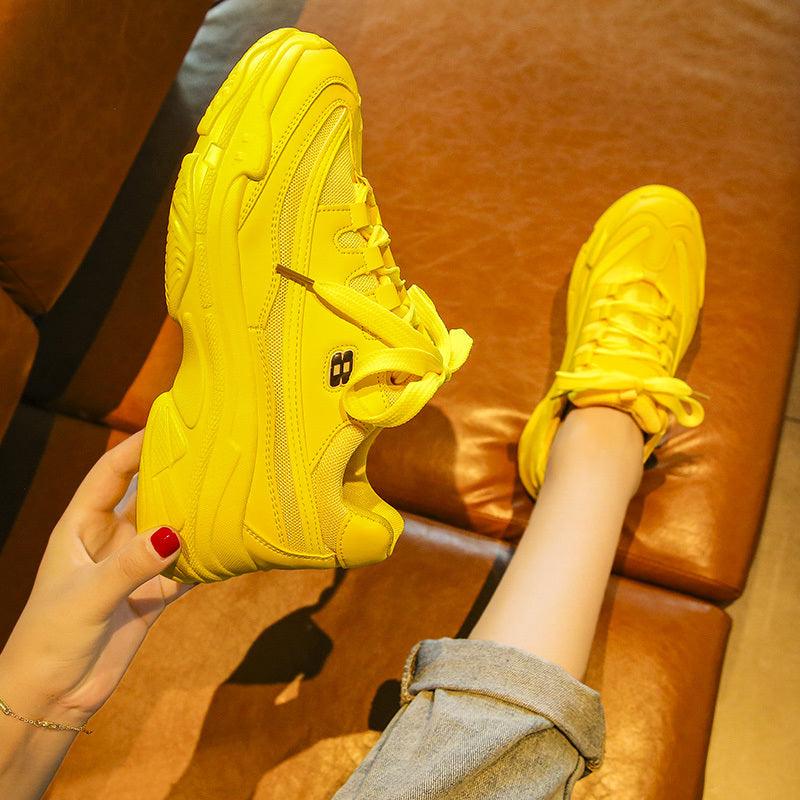 New Thick Womens Sneakers Platform Casual Fashion High-Quality Women's Thick-Soled Sports Casual Couple Shoes Summer Lace-Up Trainers Gym Yellow Lace-Up Casual Modern Sneakers