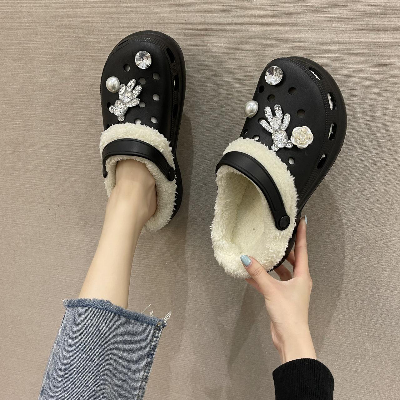 New Winter Crystal Shallow Home Cotton Shoes Flats Flip Flops Women Casual Warm Hollow Short Plush Slippers Unisex Garden Clogs Shoes Classic Lined Clog Warm And Fuzzy Slippers Indoor Soft Comfortable Clogs