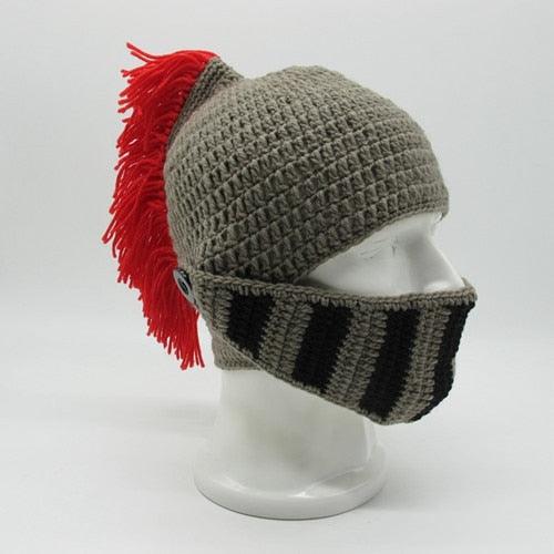 New Winter Handmade Funny Hats Cool Red Tassel Roman Knight Helmet Mask Beanies Cosplay Caps Men Women Gag Party Gifts Men's Handmade Beanie Knit Funny Hat Cosplay Roman Knight Helmet Cap Wig Beard Hats Handmade Knit Warm Winter Caps Ski Funny Mask Beanie