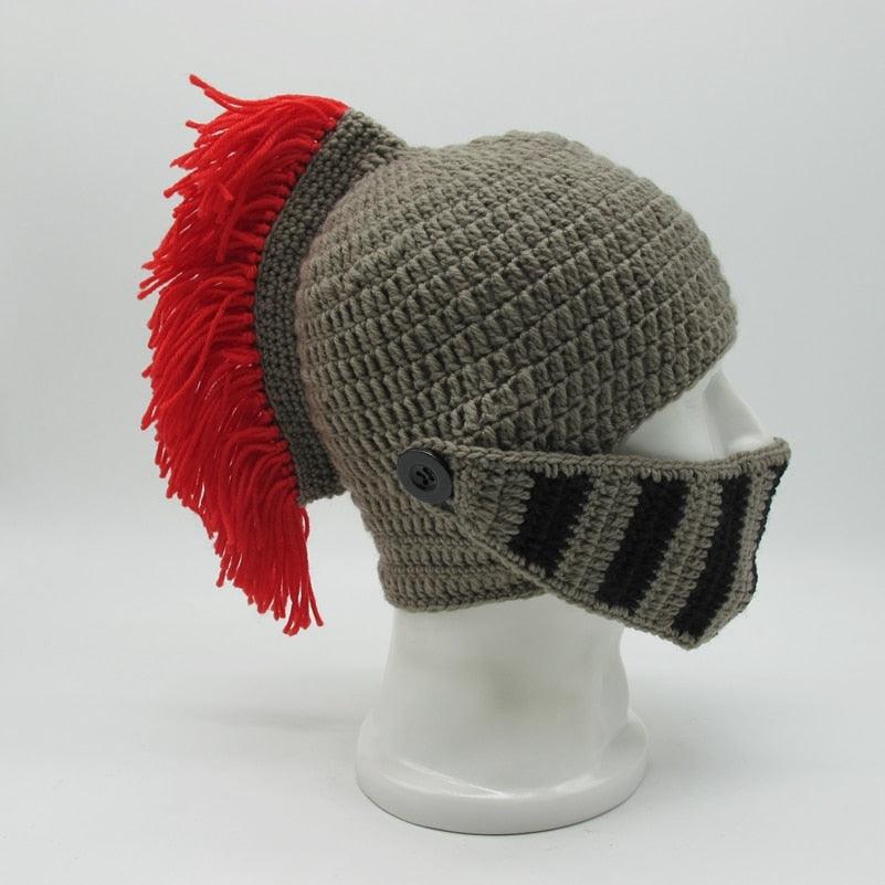 New Winter Handmade Funny Hats Cool Red Tassel Roman Knight Helmet Mask Beanies Cosplay Caps Men Women Gag Party Gifts Men's Handmade Beanie Knit Funny Hat Cosplay Roman Knight Helmet Cap Wig Beard Hats Handmade Knit Warm Winter Caps Ski Funny Mask Beanie