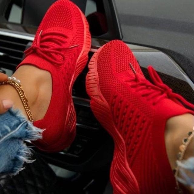 New Women Casual Shoes Sport Sneakers Lace Up Running Woman Red Platform Sneaker Vulcanized Mesh Trainers Running Lightweight Mesh Sneaker Fashion Athletic Walking Shoes For Workout