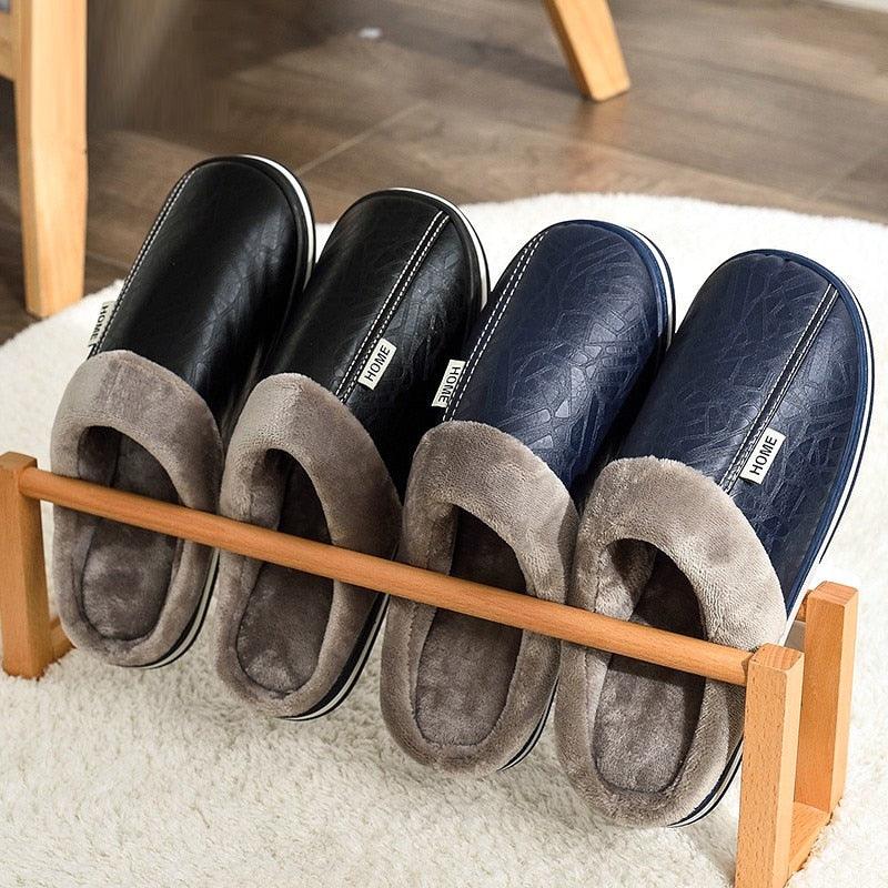 New Women Men Winter House Slippers PU Leather Cute Plush Slip On Fluffy Warm Casual Shoes  House Slippers Memory Foam Comfy Fuzzy Soft Slip On Indoor Slippers For Men