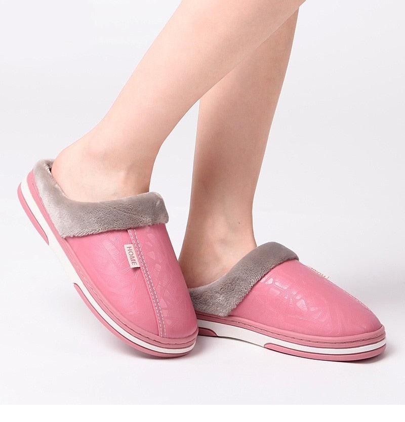 New Women Men Winter House Slippers PU Leather Cute Plush Slip On Fluffy Warm Casual Shoes  House Slippers Memory Foam Comfy Fuzzy Soft Slip On Indoor Slippers For Men