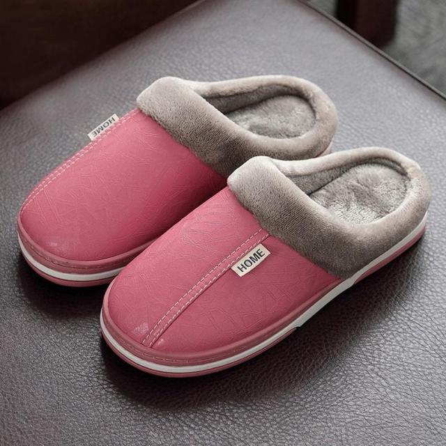 New Women Men Winter House Slippers PU Leather Cute Plush Slip On Fluffy Warm Casual Shoes  House Slippers Memory Foam Comfy Fuzzy Soft Slip On Indoor Slippers For Men