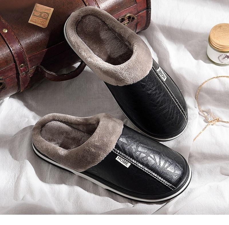 New Women Men Winter House Slippers PU Leather Cute Plush Slip On Fluffy Warm Casual Shoes  House Slippers Memory Foam Comfy Fuzzy Soft Slip On Indoor Slippers For Men