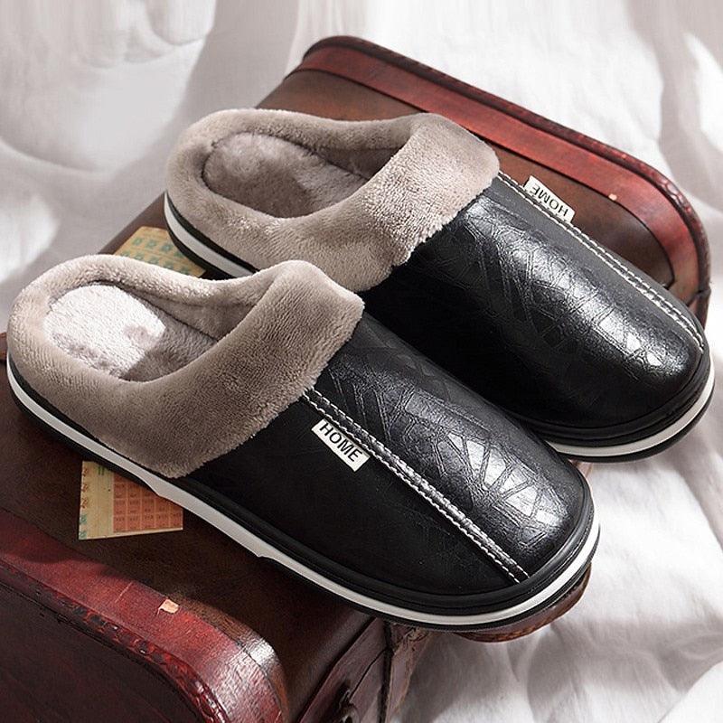 New Women Men Winter House Slippers PU Leather Cute Plush Slip On Fluffy Warm Casual Shoes  House Slippers Memory Foam Comfy Fuzzy Soft Slip On Indoor Slippers For Men