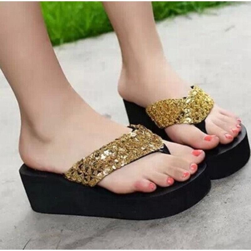 New Women Solid Slides Sandals Thickness Sequin Shoes Slippers Beach Shoes House Non-Slip Slippers Thick Sequin Sandals For Indoor Outdoor Breathable Shoes