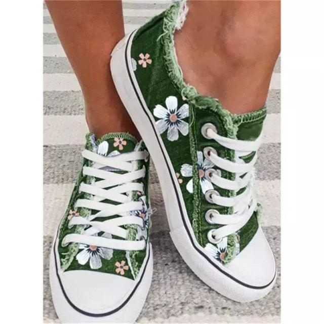 New Womens Comfortable Canvas Flats Flower Summer Fashion Lace-up Sneakers Casual Fashion Round Toe Vulcanized Shoes Women Casual Sneakers